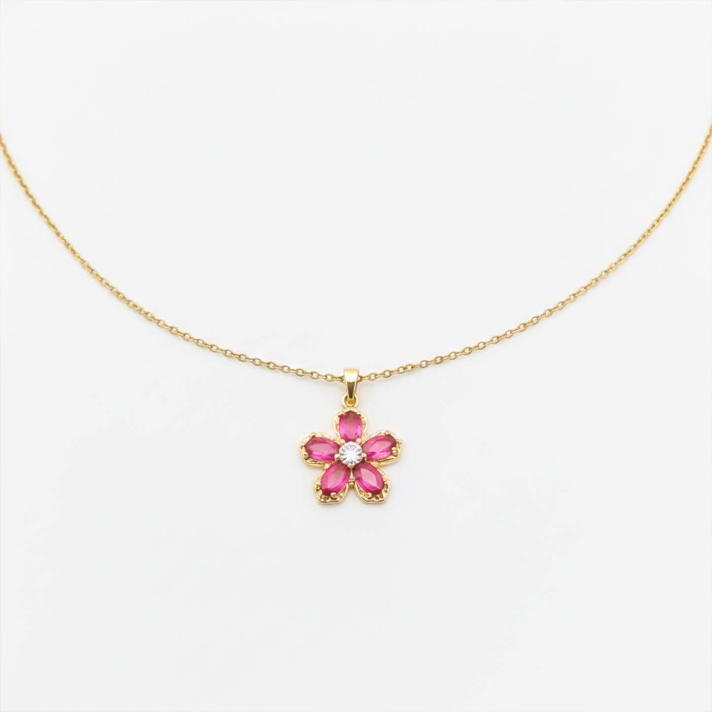 Pink Ruby Flower Pendant Necklace