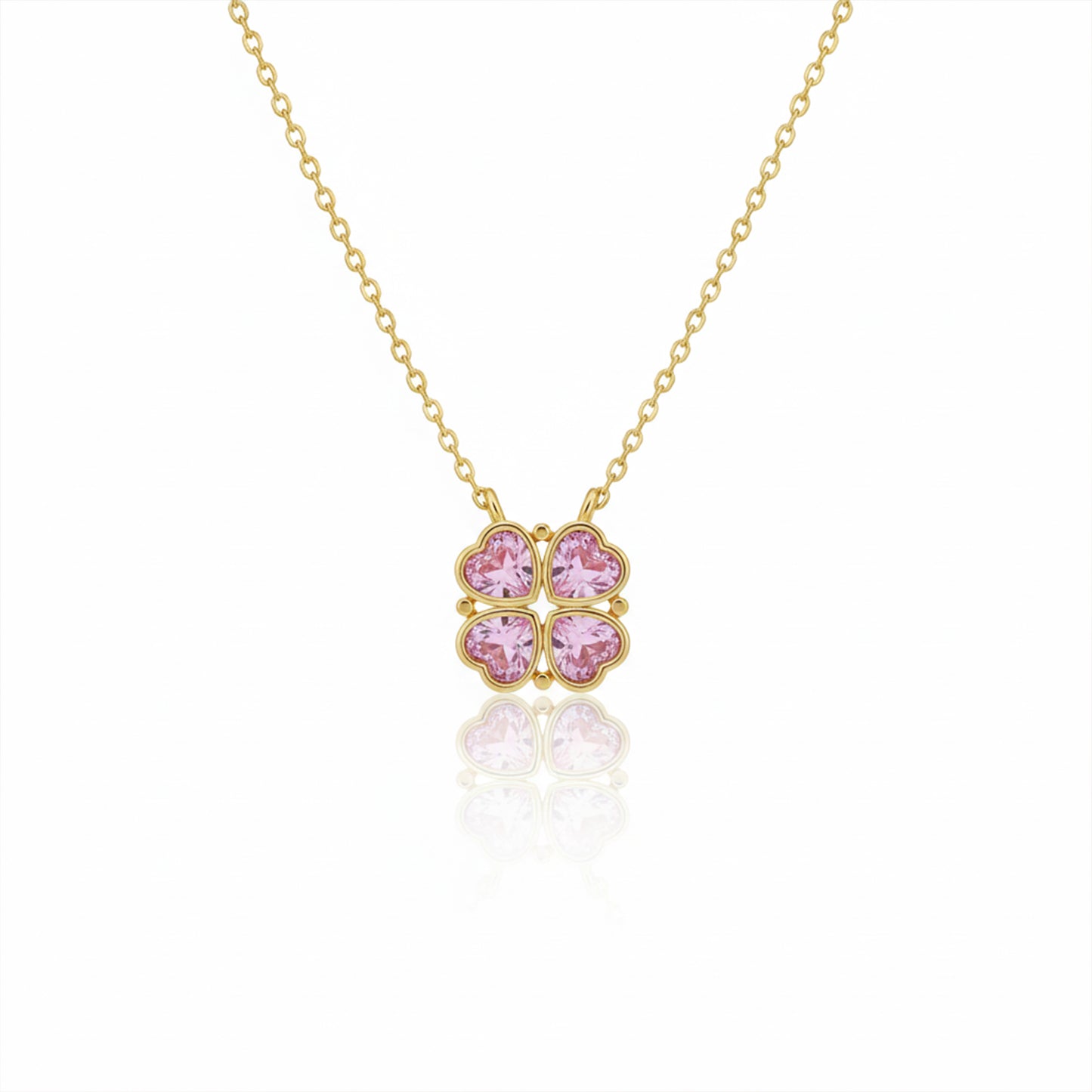 Pink Heart Clover Gold Pendant Necklace
