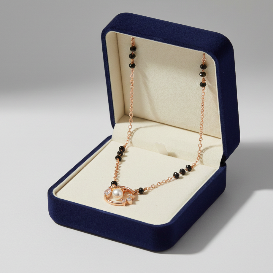 Necklace with black beads and a pearl pendant in an open blue jewelry box on a gray background