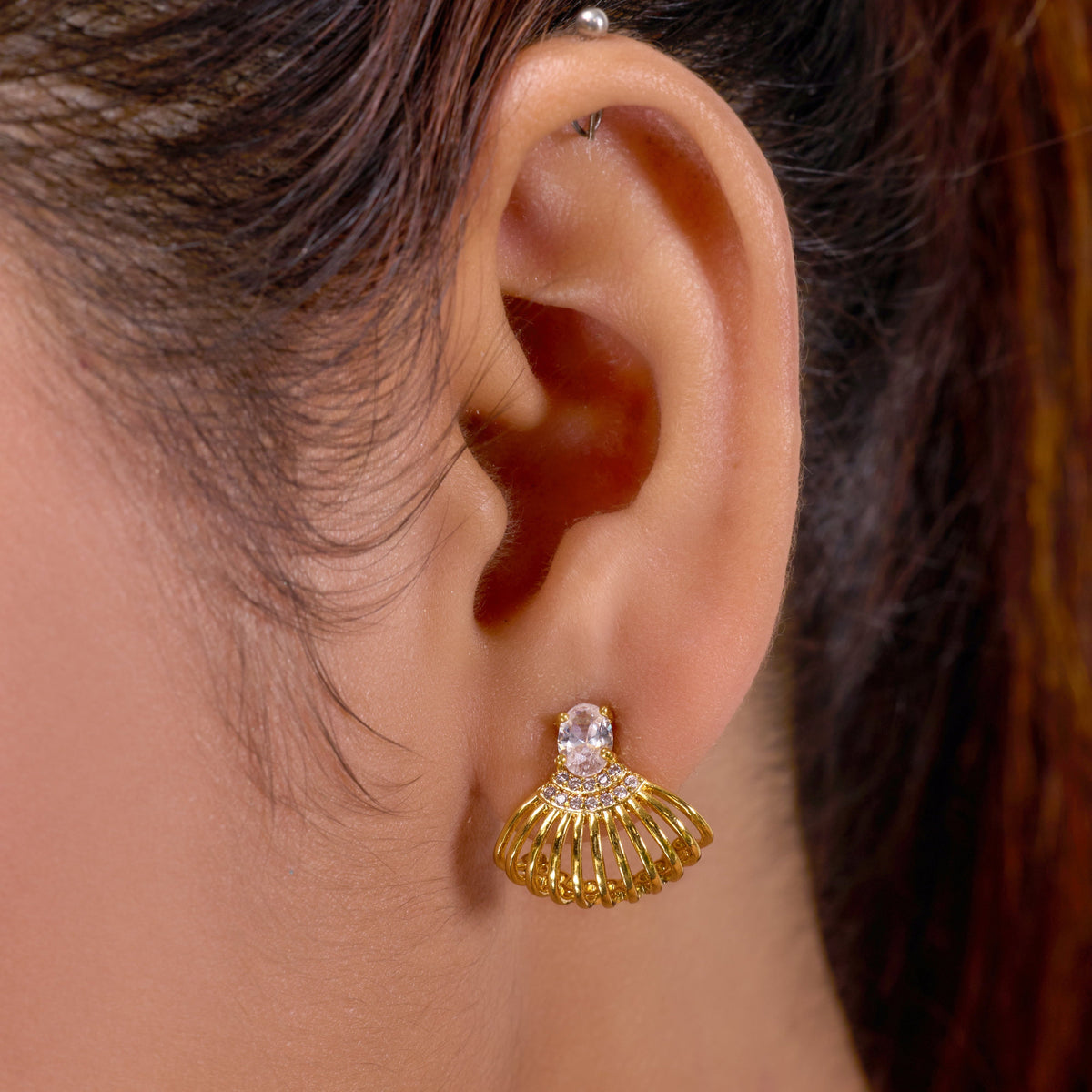 Shell Crystal Gold Stud Earrings