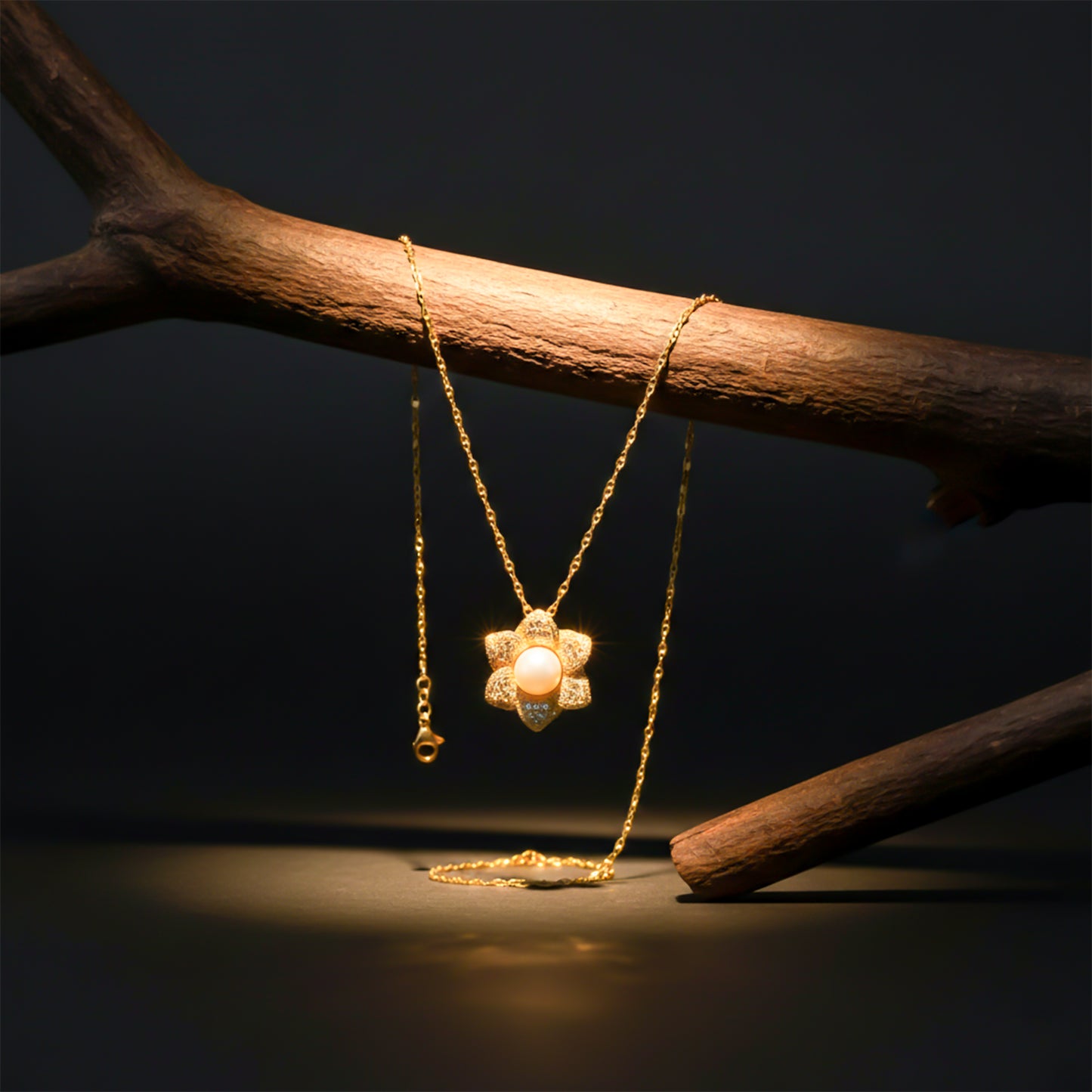 Golden Blossom Pearl Pendant Necklace