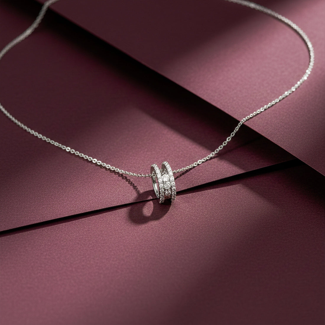 Elegant Silver Double Hoop Diamond Pendant Necklace