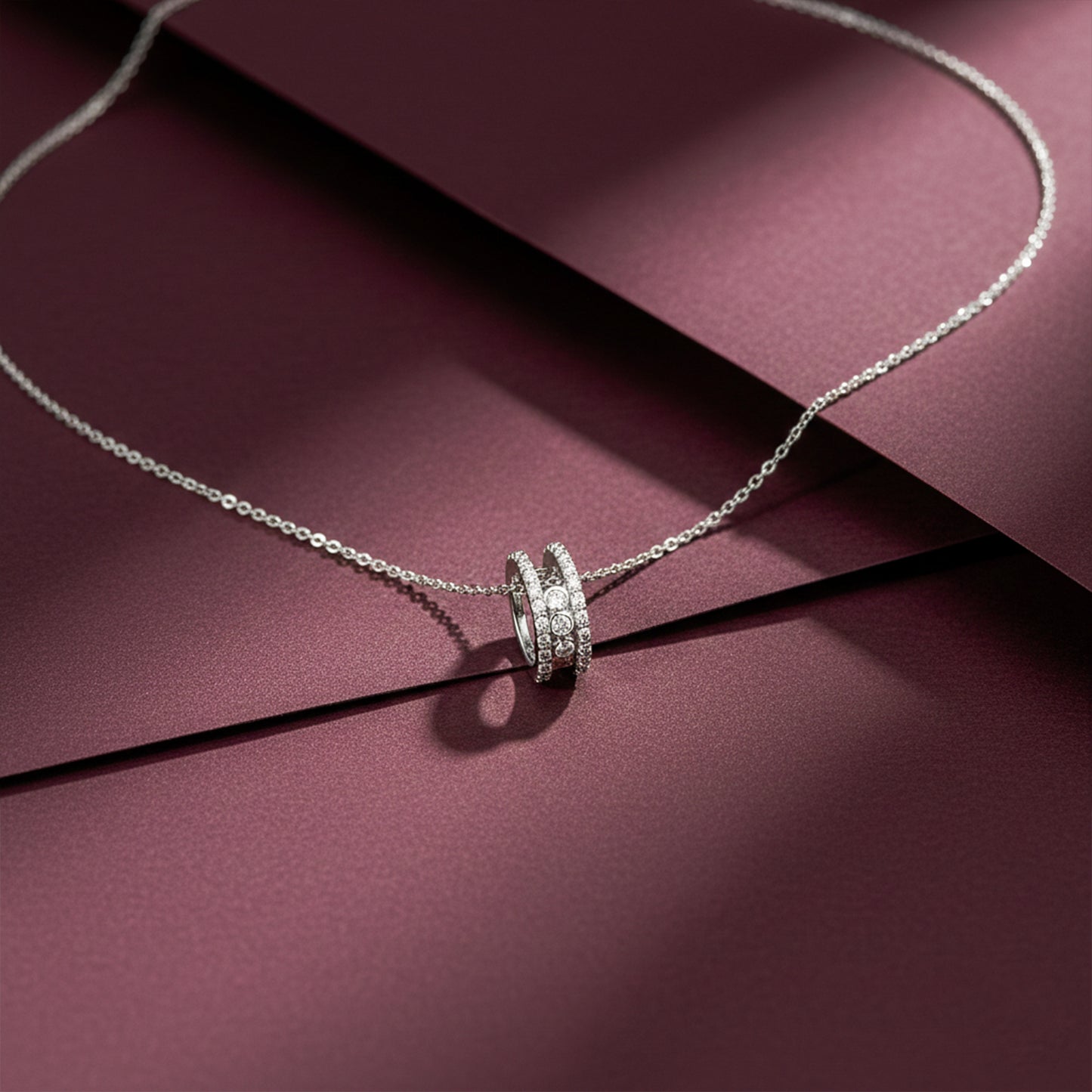 Elegant Silver Double Hoop Diamond Pendant Necklace