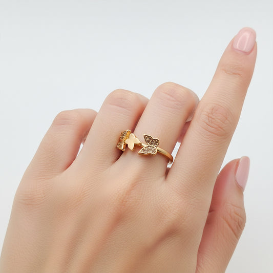 Twin Butterfly Crystal Gold Ring