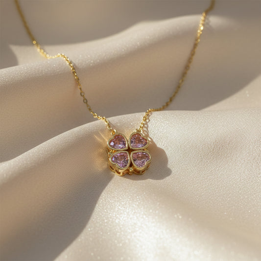 Pink Heart Clover Gold Pendant Necklace