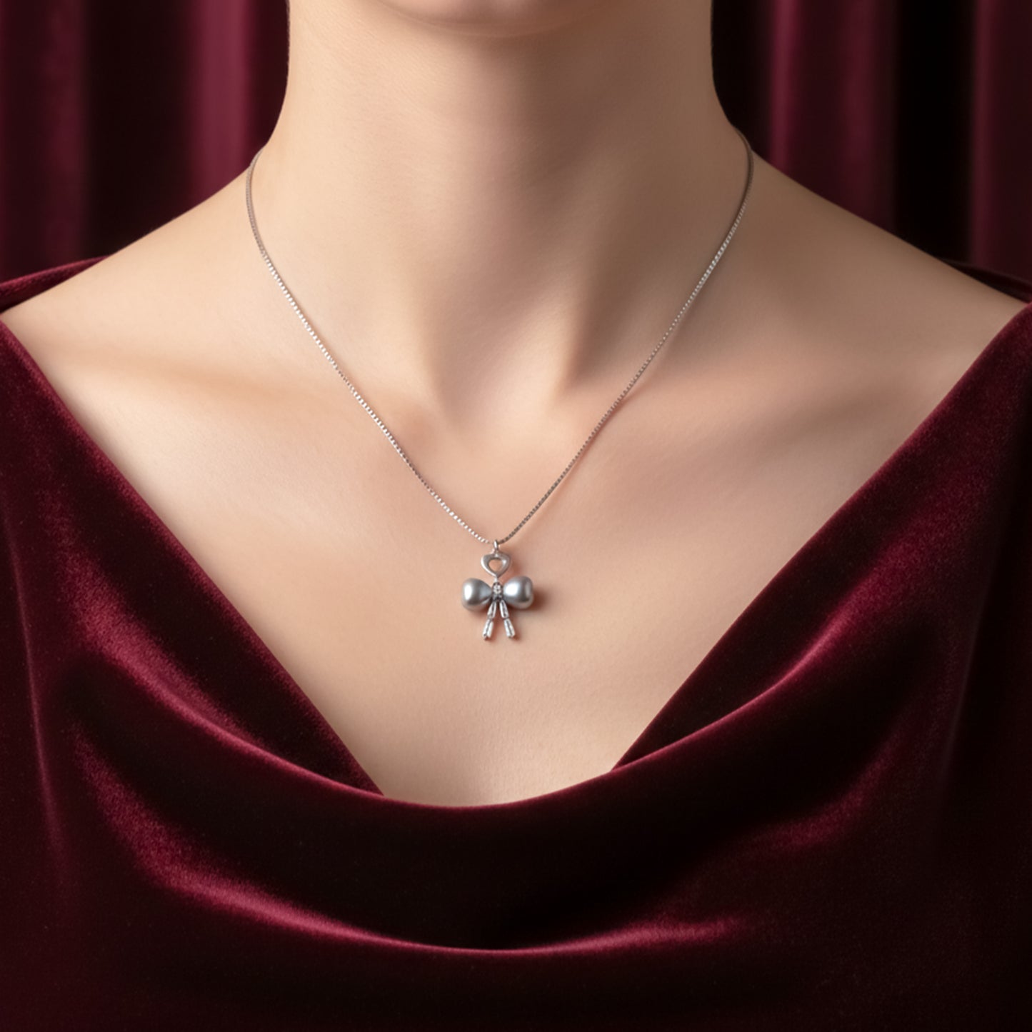 Elegant Silver Heart & Pearl Bow Necklace