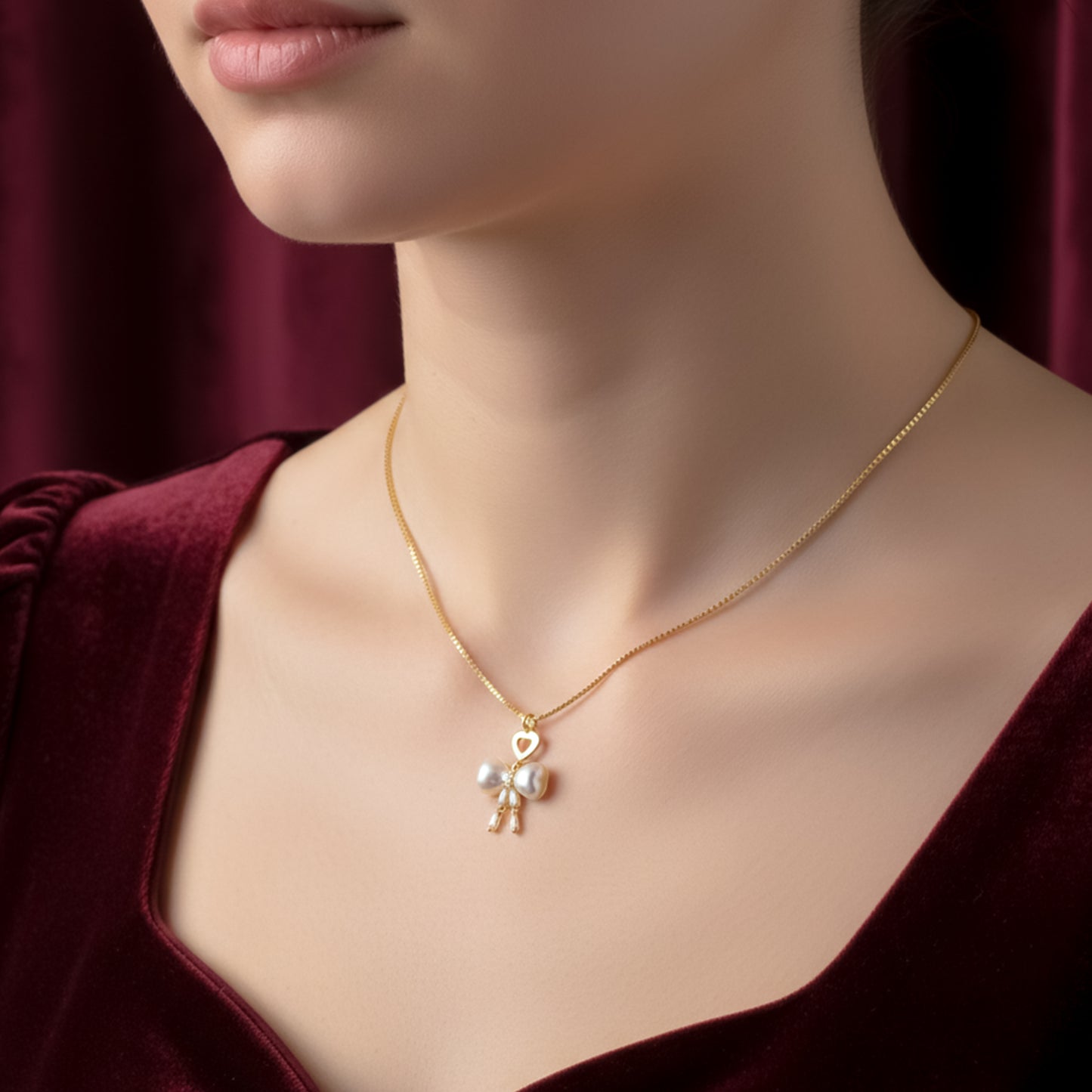 Elegant Gold Heart & Pearl Bow Necklace