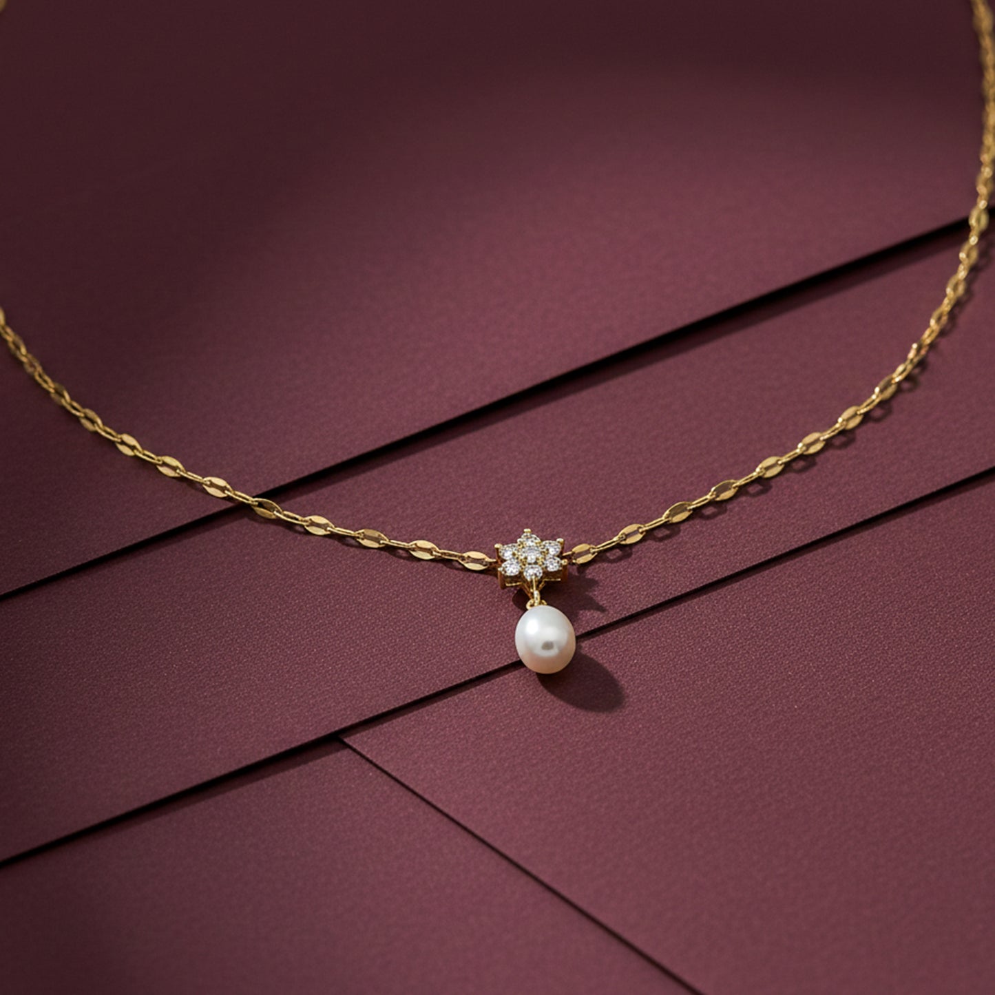 Floral Diamond Pearl Drop Gold Necklace
