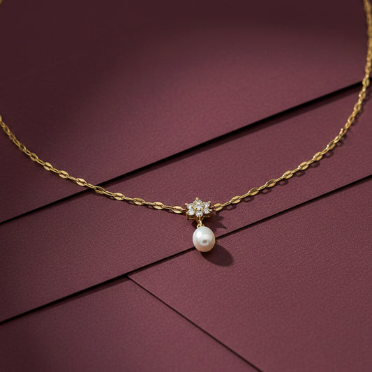 Floral Diamond Pearl Drop Gold Necklace