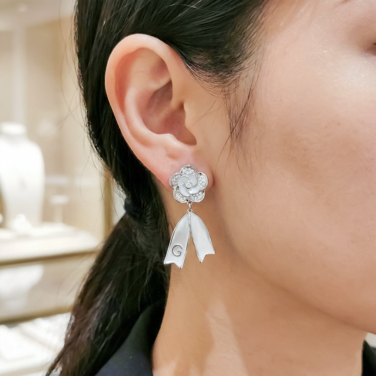 Camellia Flower Pearl Dangle Earrings