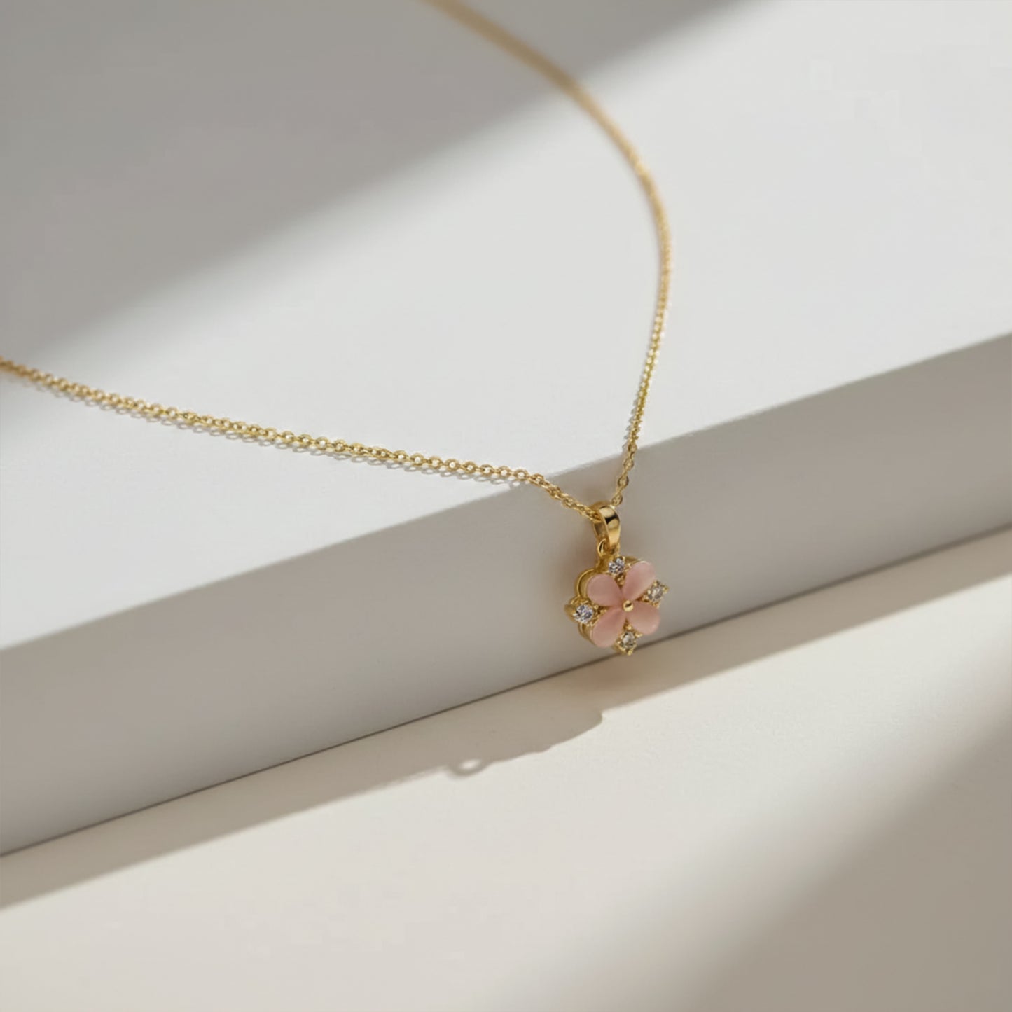 Delicate Pink Floral Charm Gold Necklace