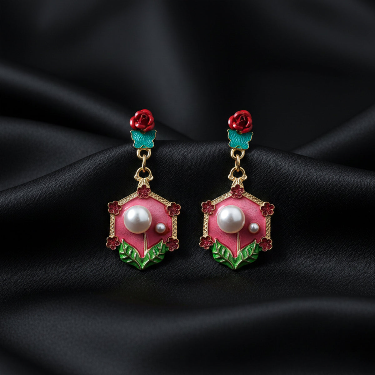 Rose Pearl Hexa Drops Earrings