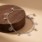 Silver Flower Charm Anklet with Beads