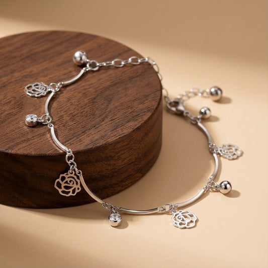 Silver Flower Charm Anklet with Beads