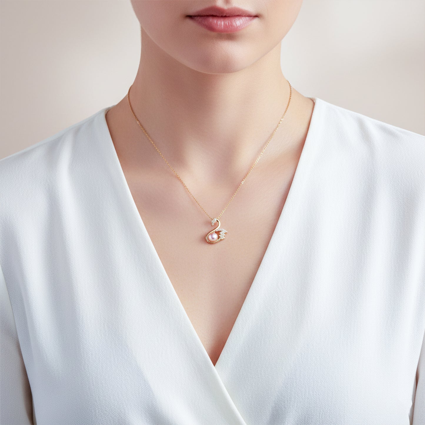 Gold Swan Pearl Pendant Necklace