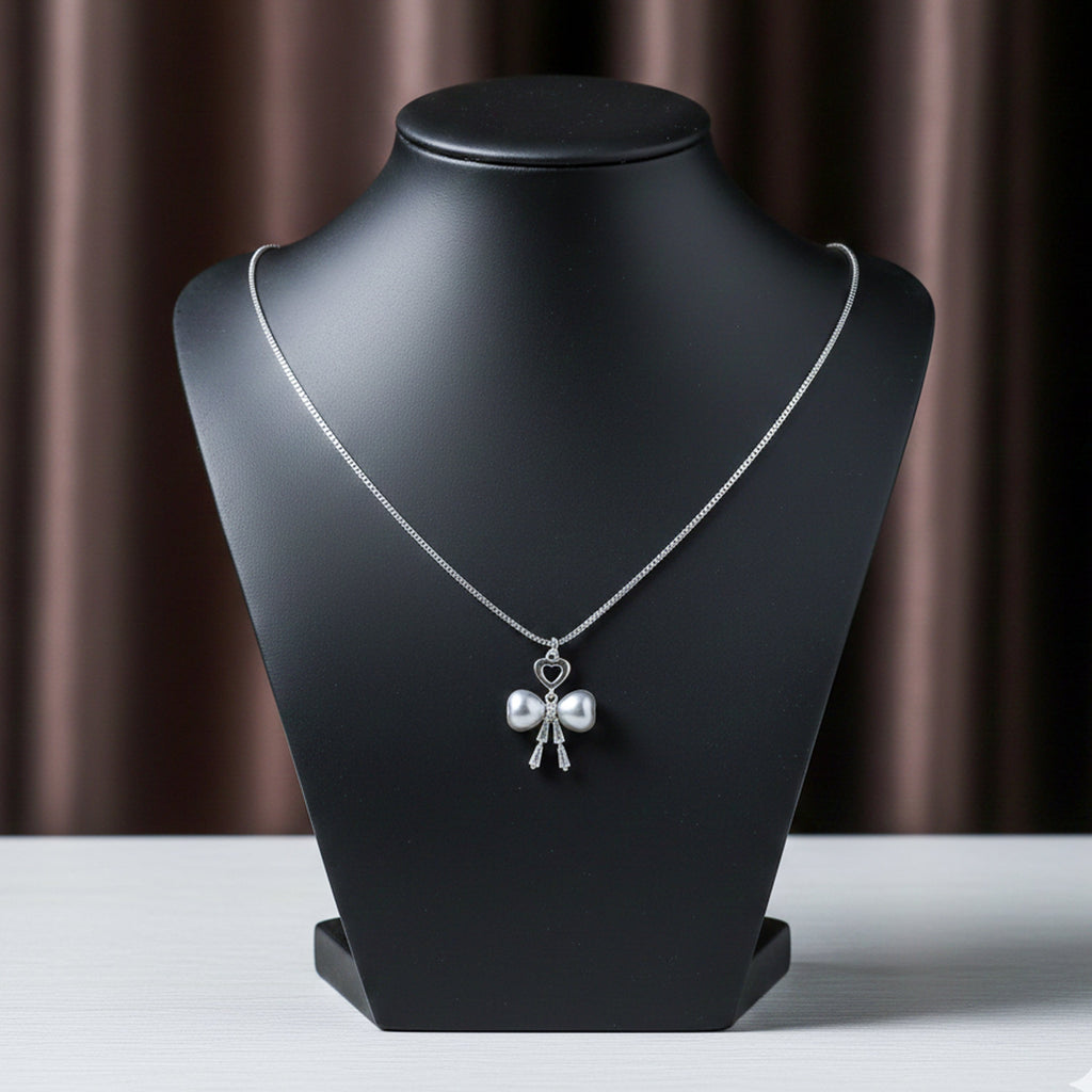 Elegant Silver Heart & Pearl Bow Necklace