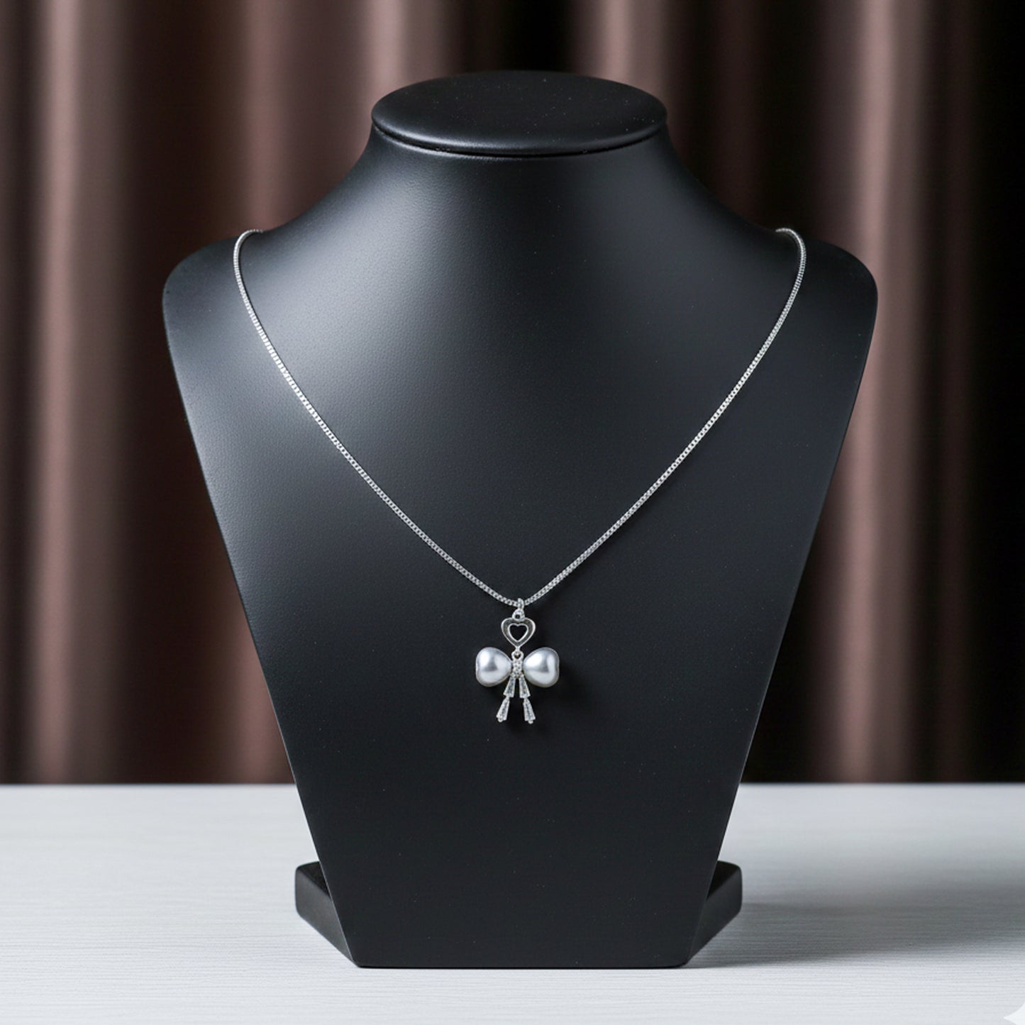 Elegant Silver Heart & Pearl Bow Necklace