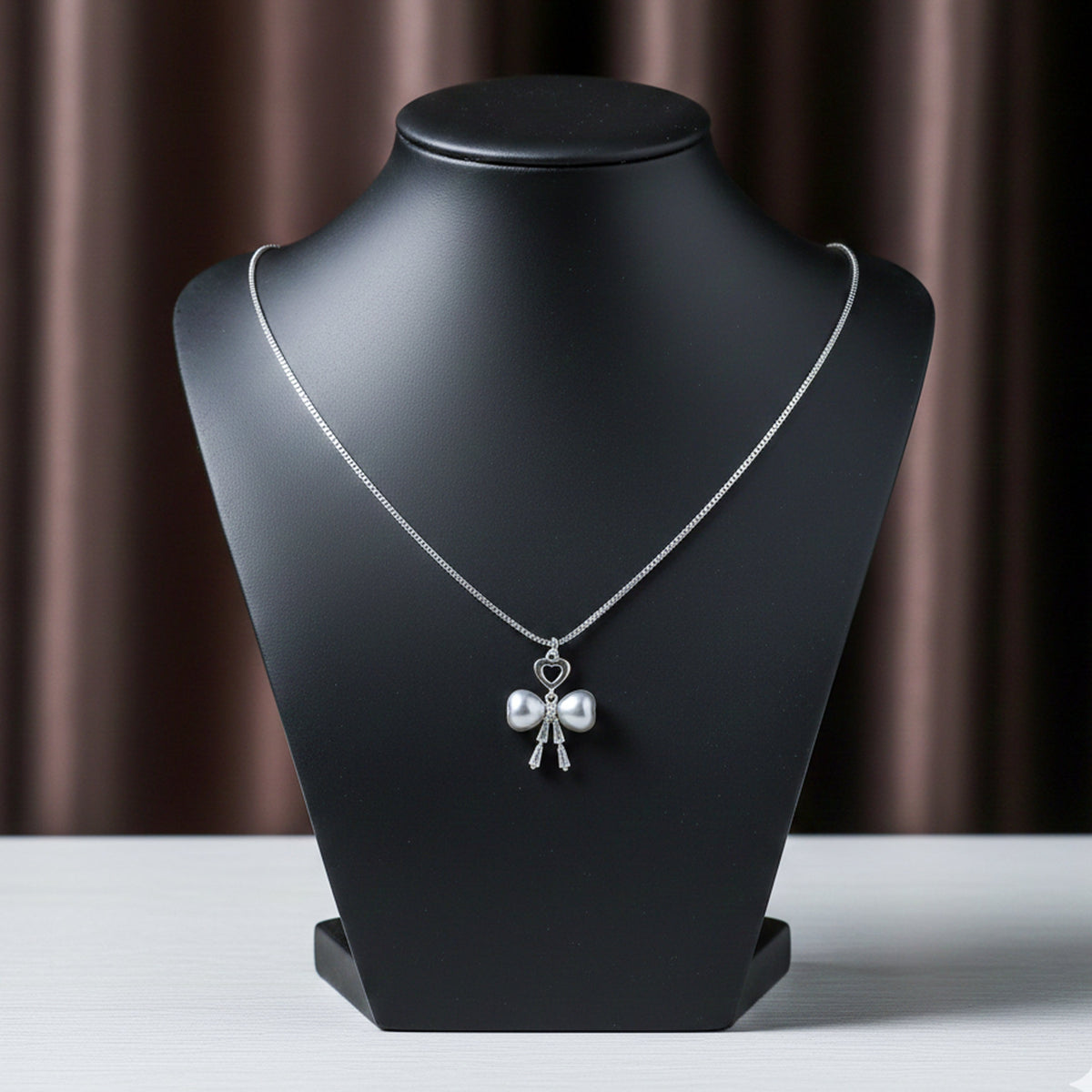 Elegant Silver Heart & Pearl Bow Necklace