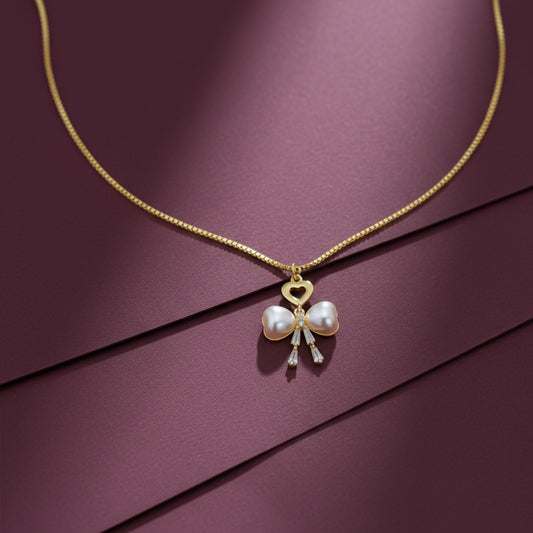 Elegant Gold Heart & Pearl Bow Necklace