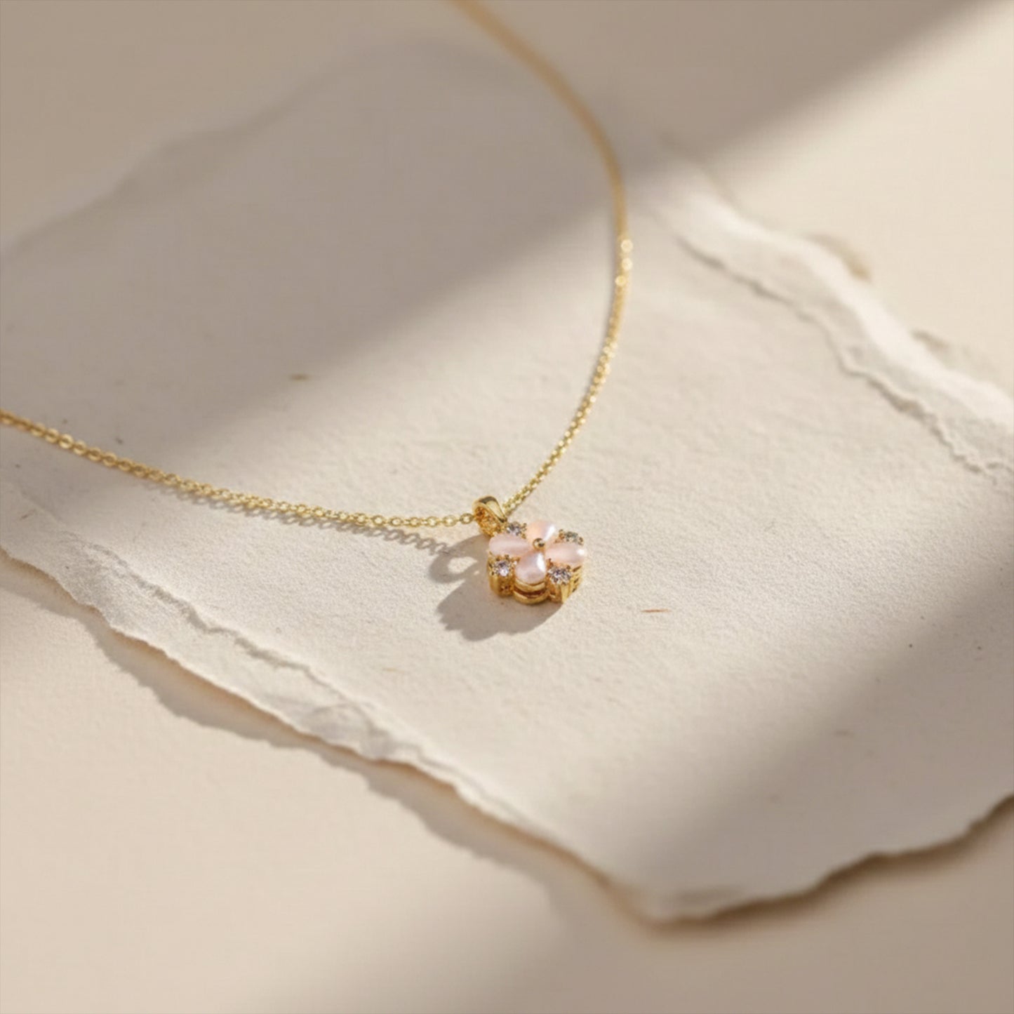 Delicate Pink Floral Charm Gold Necklace