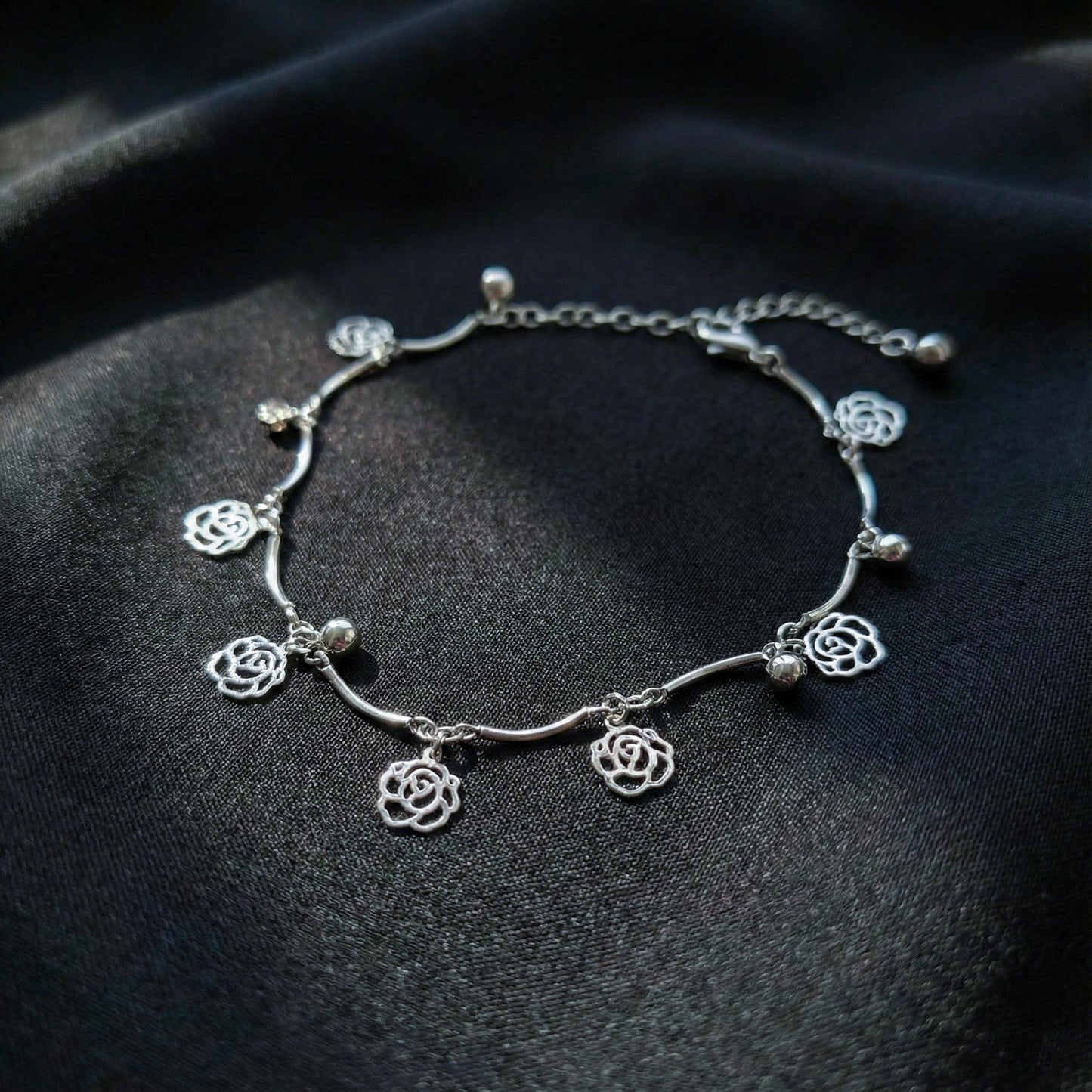 Silver Flower Charm Anklet with Beads