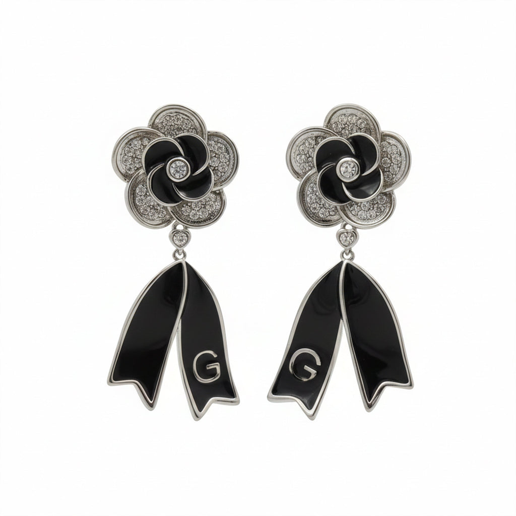 Black Enamel Blossom Drop Earrings