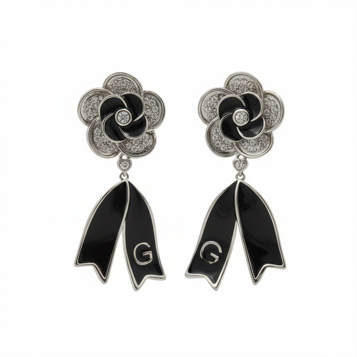 Black Enamel Blossom Drop Earrings