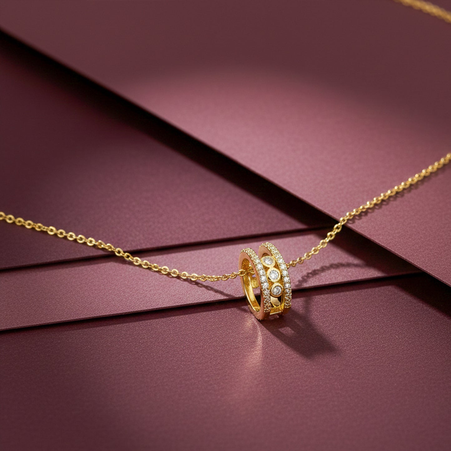 Elegant Gold Double Hoop Diamond Pendant Necklace