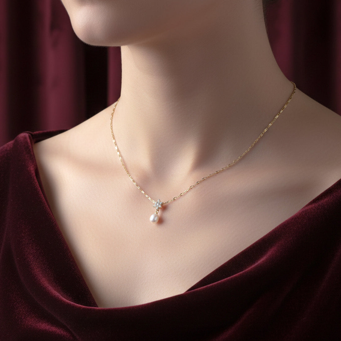 Floral Diamond Pearl Drop Gold Necklace