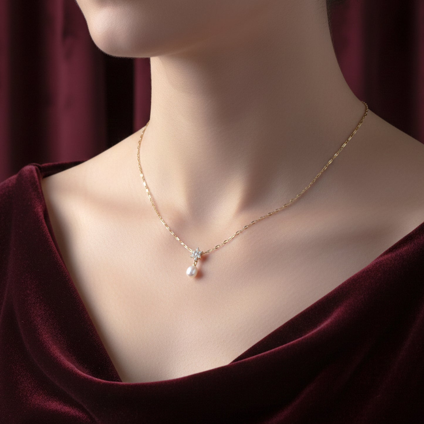 Floral Diamond Pearl Drop Gold Necklace