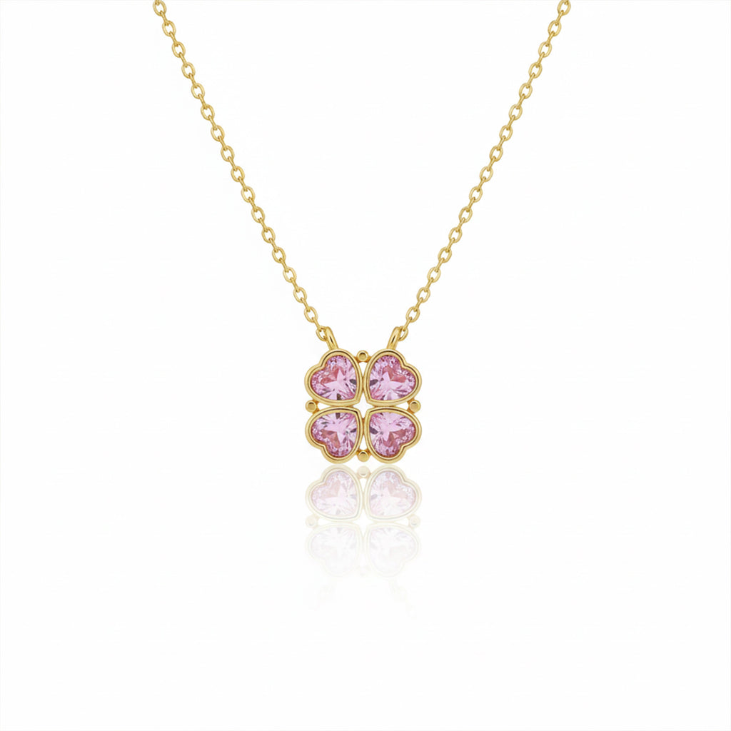Pink Heart Clover Gold Pendant Necklace
