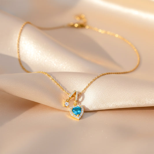 Blue Heart Crystal Gold Pendant Necklace