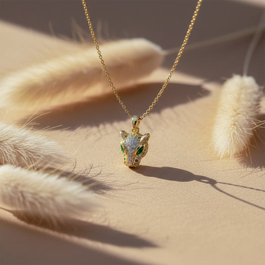 Wild Fox Head Crystal Gold Necklace