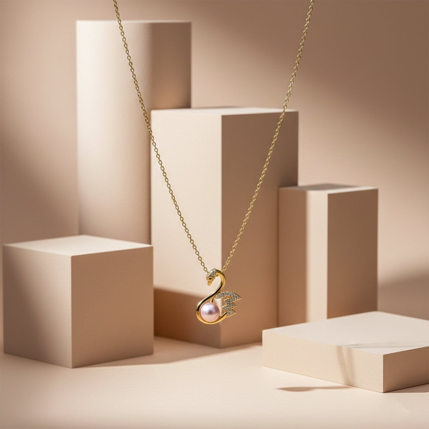 Gold Swan Pearl Pendant Necklace