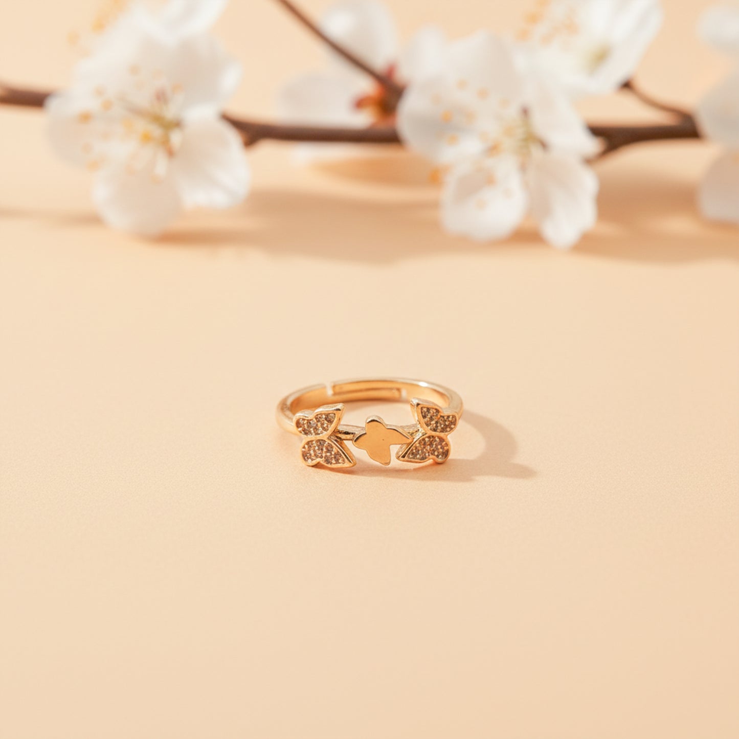 Twin Butterfly Crystal Gold Ring