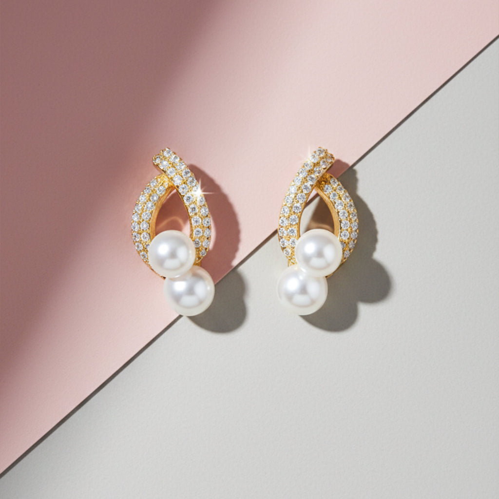 Elegant Double Pearl Drop Diamond Earrings
