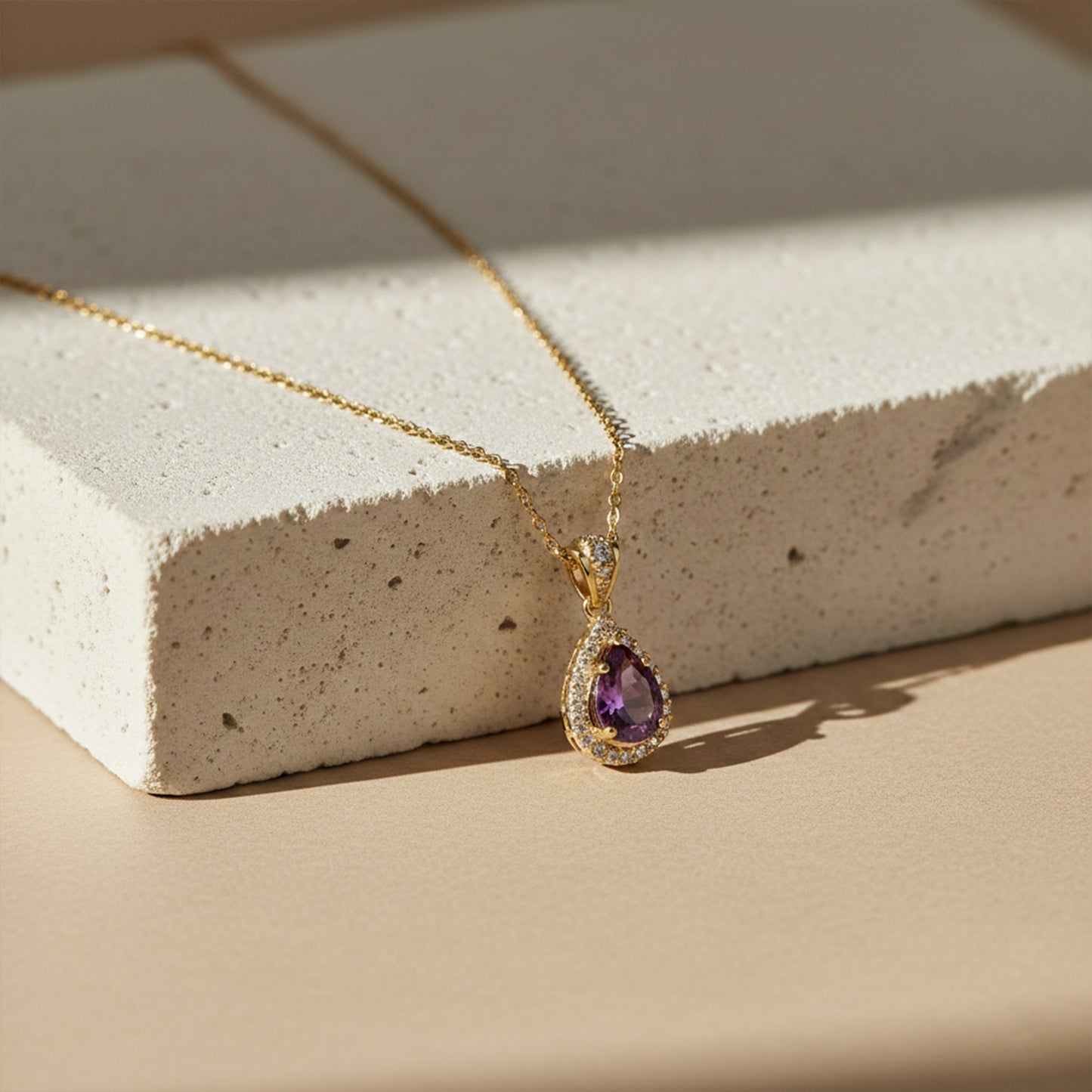 Purple Teardrop Gemstone Gold Pendant Necklace
