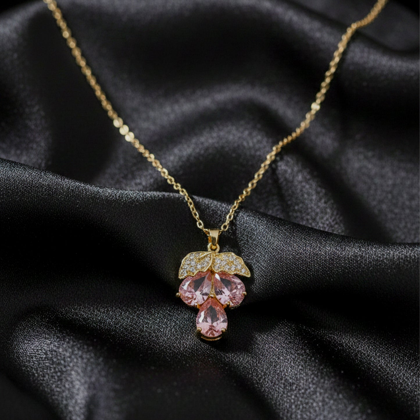Royal Pink Crystal Leaf Pendant Necklace