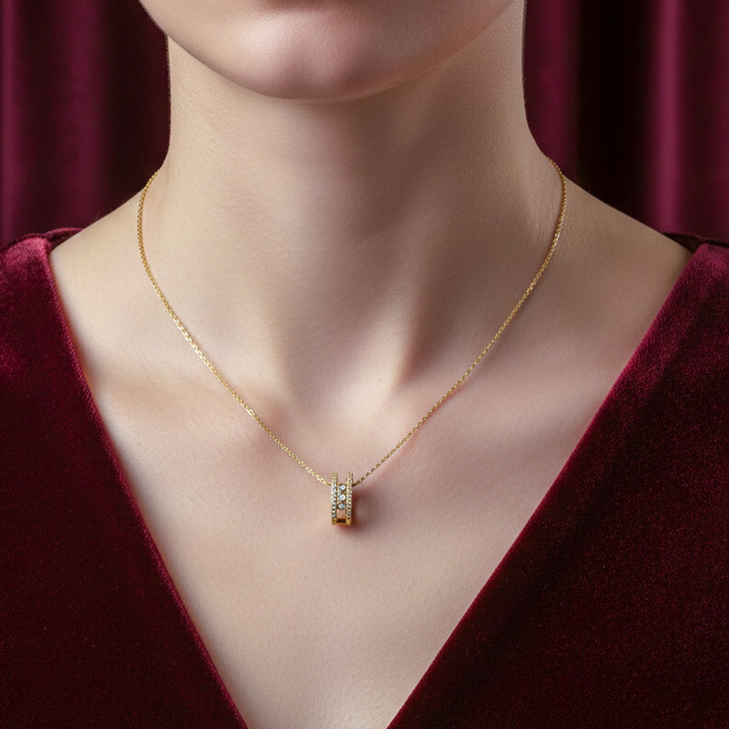 Elegant Gold Double Hoop Diamond Pendant Necklace