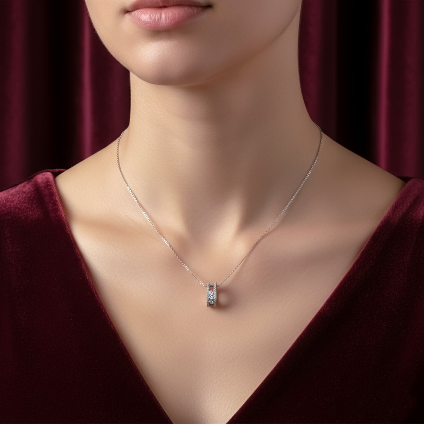 Elegant Silver Double Hoop Diamond Pendant Necklace