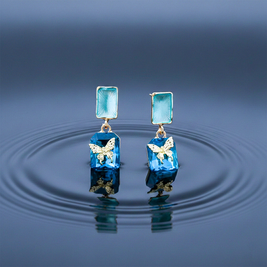 Blue Crystal Butterfly Drop Earrings
