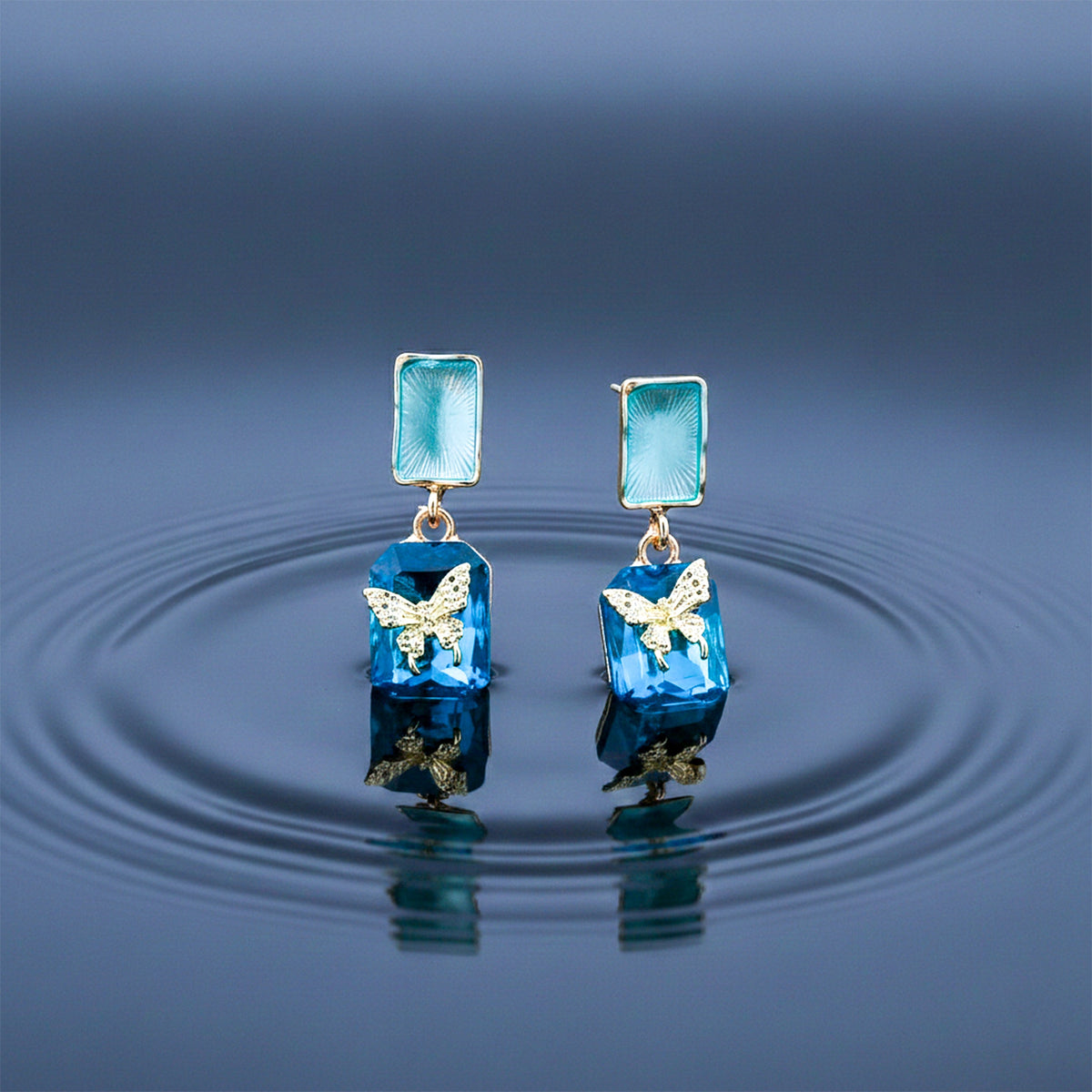 Blue Crystal Butterfly Drop Earrings