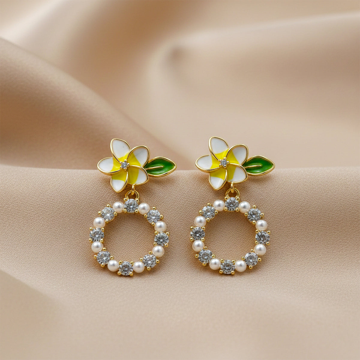 Golden Petal Pearl Circle Earrings