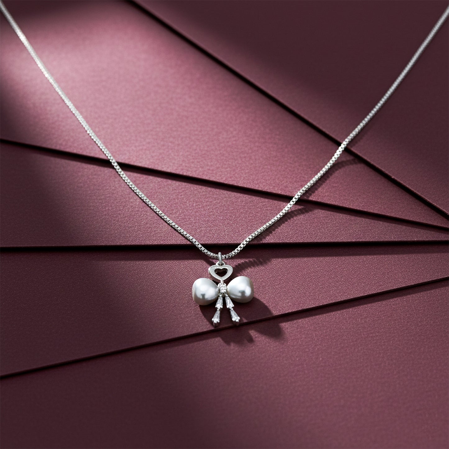 Elegant Silver Heart & Pearl Bow Necklace