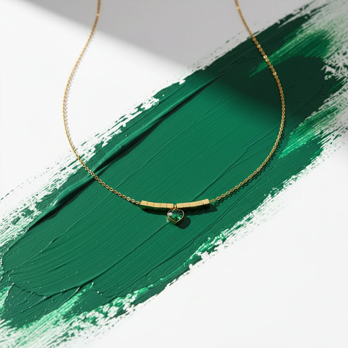 Green Heart Gold Bar Necklace