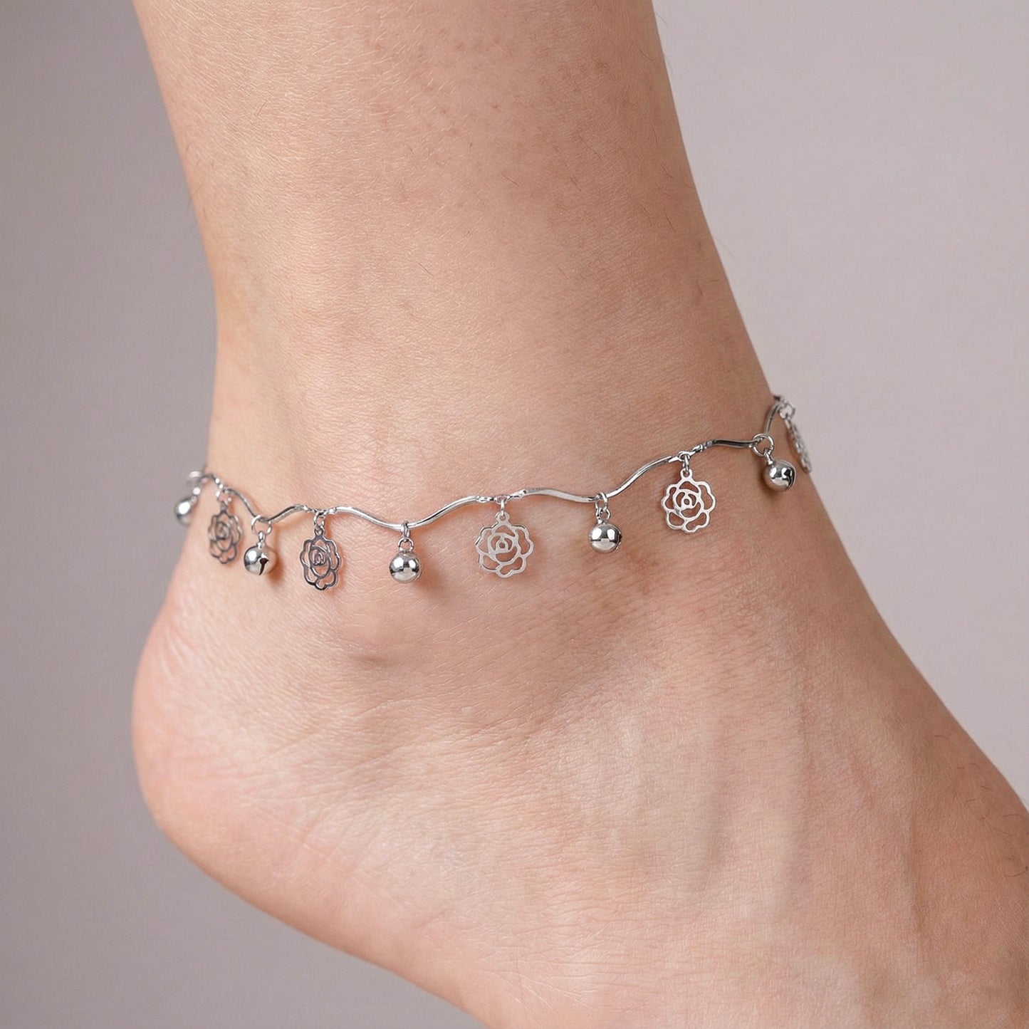 Silver Flower Charm Anklet with Beads