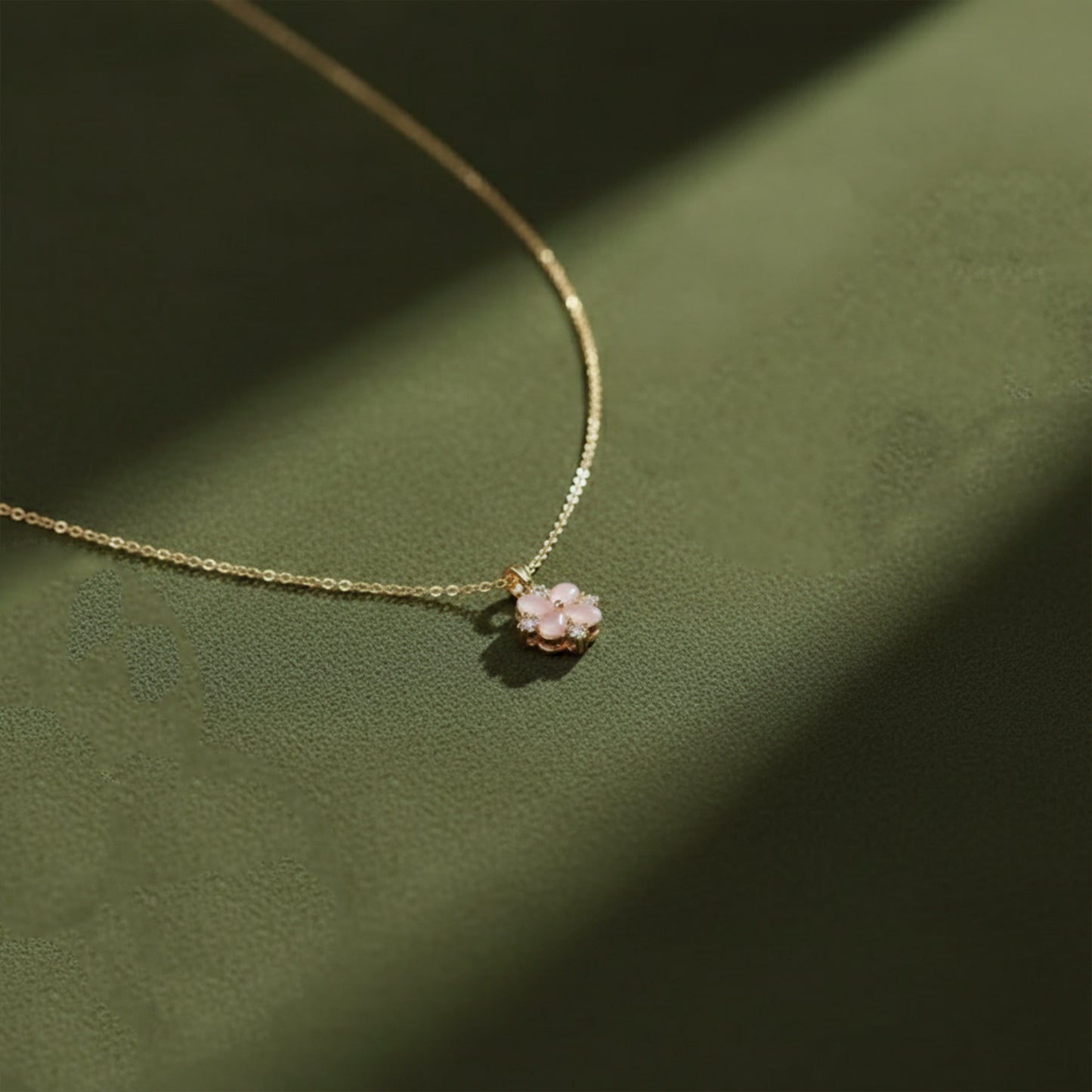 Delicate Pink Floral Charm Gold Necklace