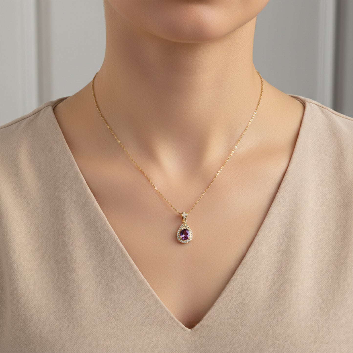 Purple Teardrop Gemstone Gold Pendant Necklace