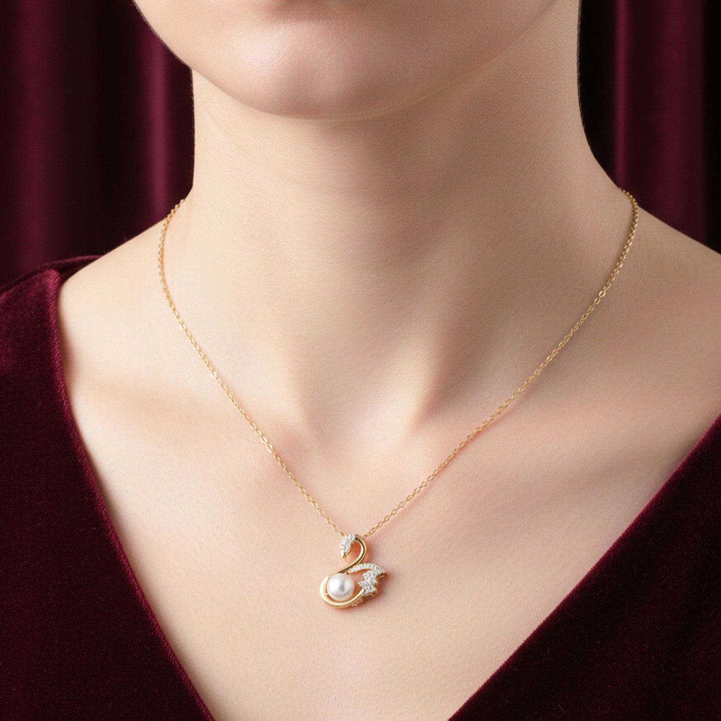 Elegant Swan Pearl Gold Pendant Necklace