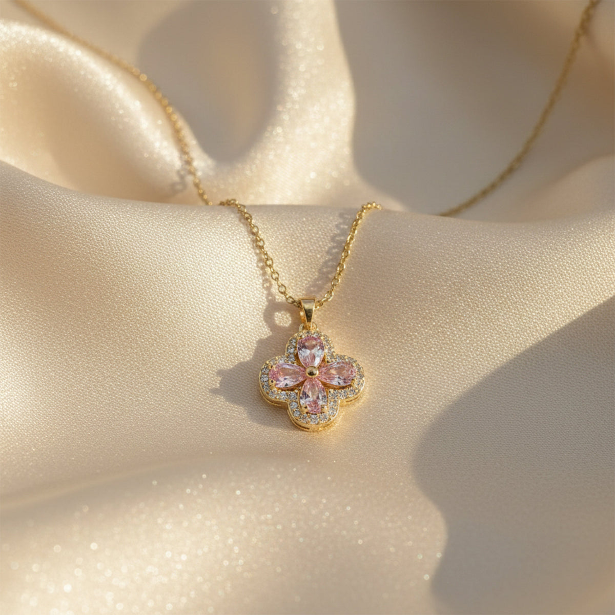 Pink Blossom Flower Pendant Gold Necklace